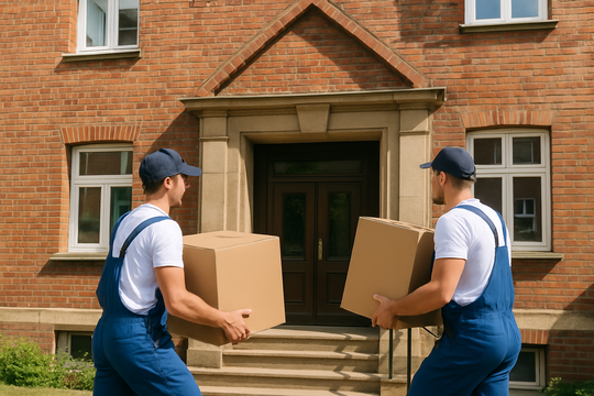 Möbeltransport Münster – Professionelle Möbelträger tragen Kartons in ein Münsteraner Wohnhaus